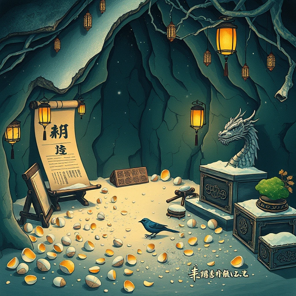 Image A of the puzzle: Dragon hatchery cavern with eggshell fragments and incubation lanterns
