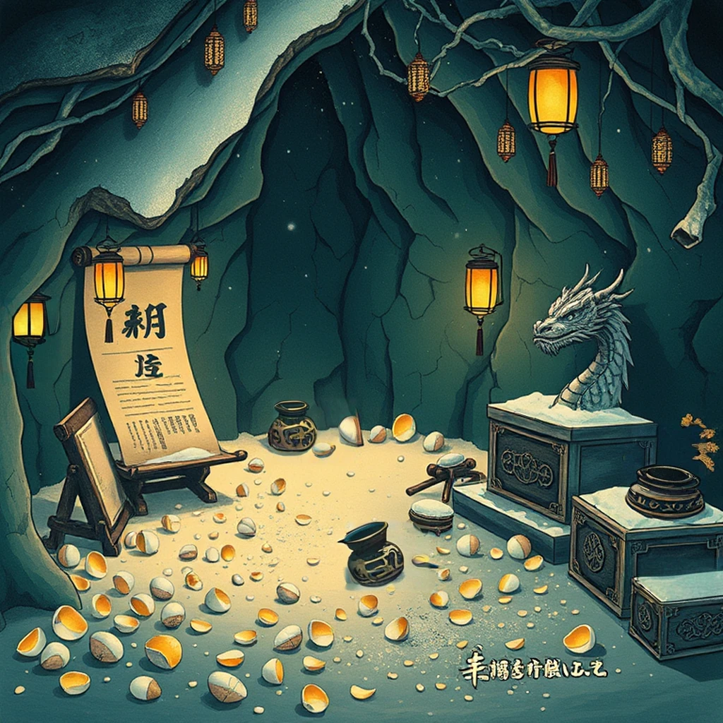 Image B of the puzzle: Dragon hatchery cavern with eggshell fragments and incubation lanterns