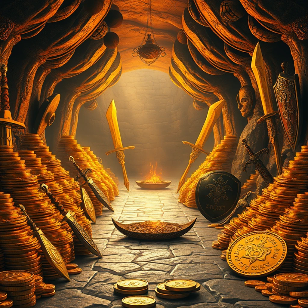 Image A of the puzzle: Dragon's hoard cavern with stacked gold coins and enchanted weapons