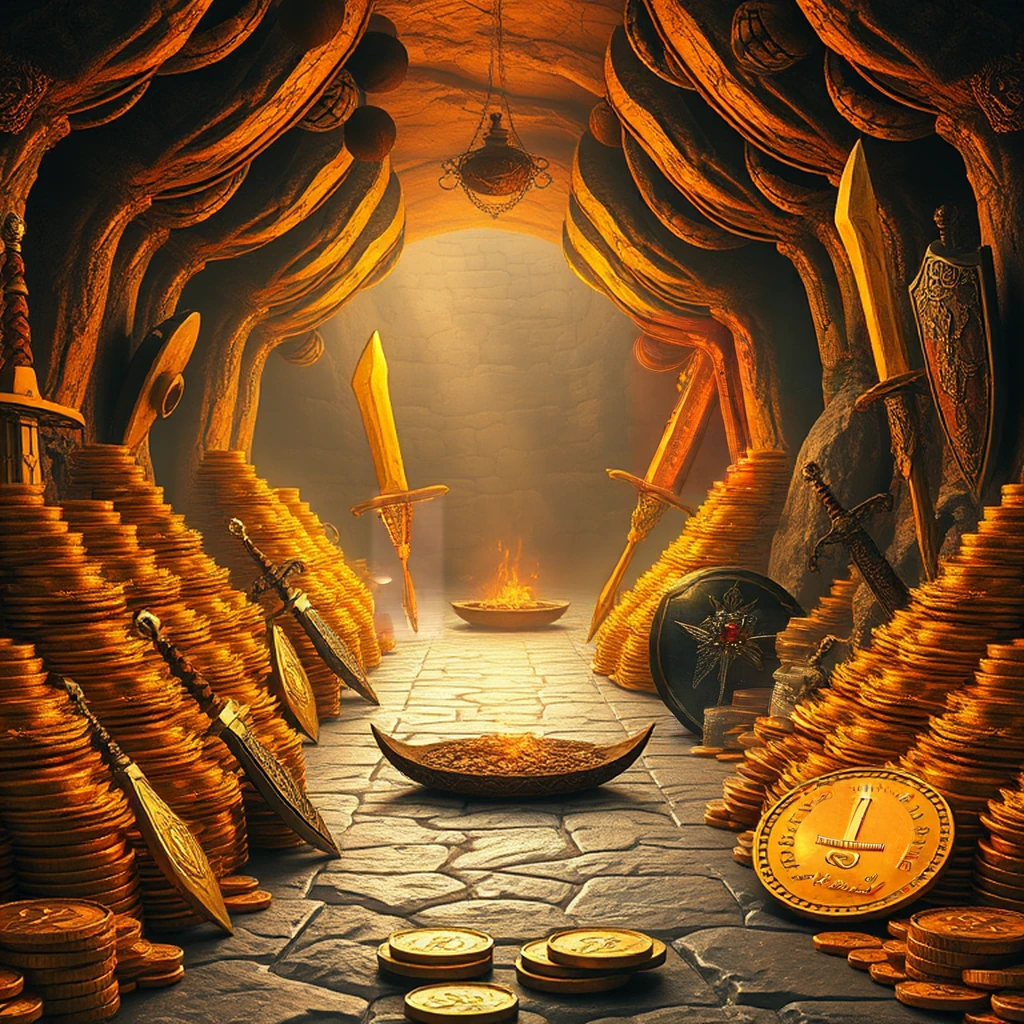 Image B of the puzzle: Dragon's hoard cavern with stacked gold coins and enchanted weapons