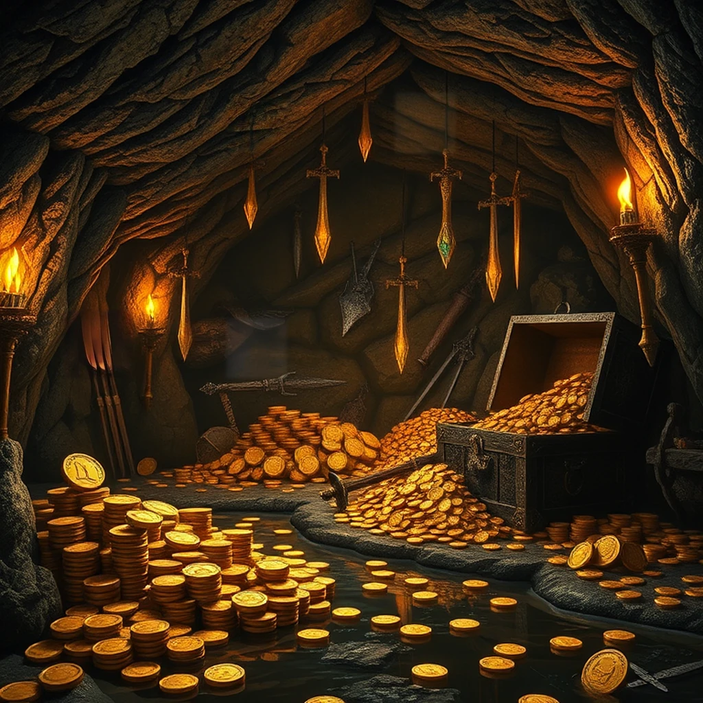 Image A of the puzzle: Dragon's hoard cavern with stacked gold coins and enchanted weapons