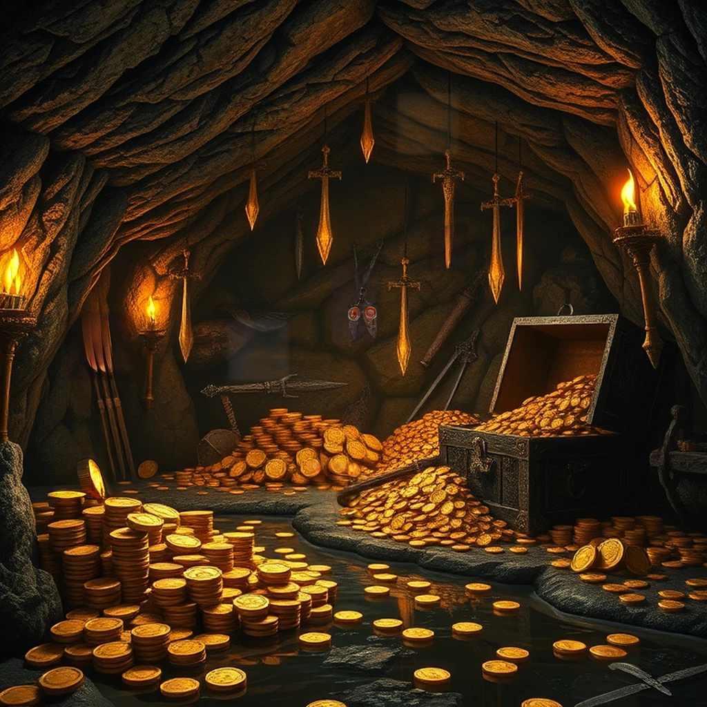 Image B of the puzzle: Dragon's hoard cavern with stacked gold coins and enchanted weapons