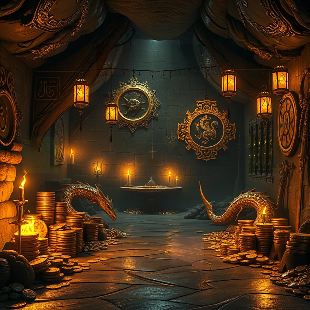 Image A of the puzzle: Dragon's hoard cavern with stacked gold coins and enchanted weapons