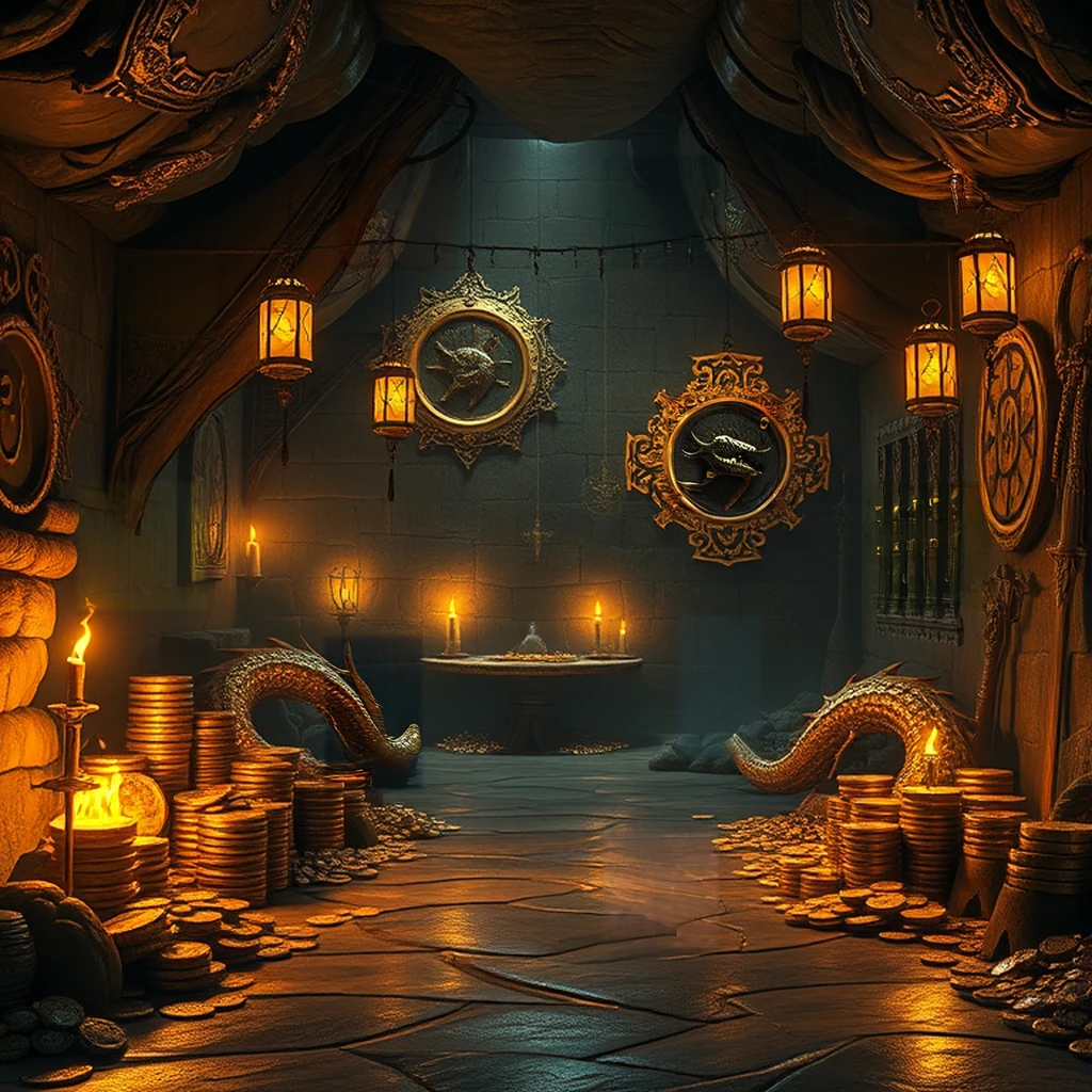 Image B of the puzzle: Dragon's hoard cavern with stacked gold coins and enchanted weapons