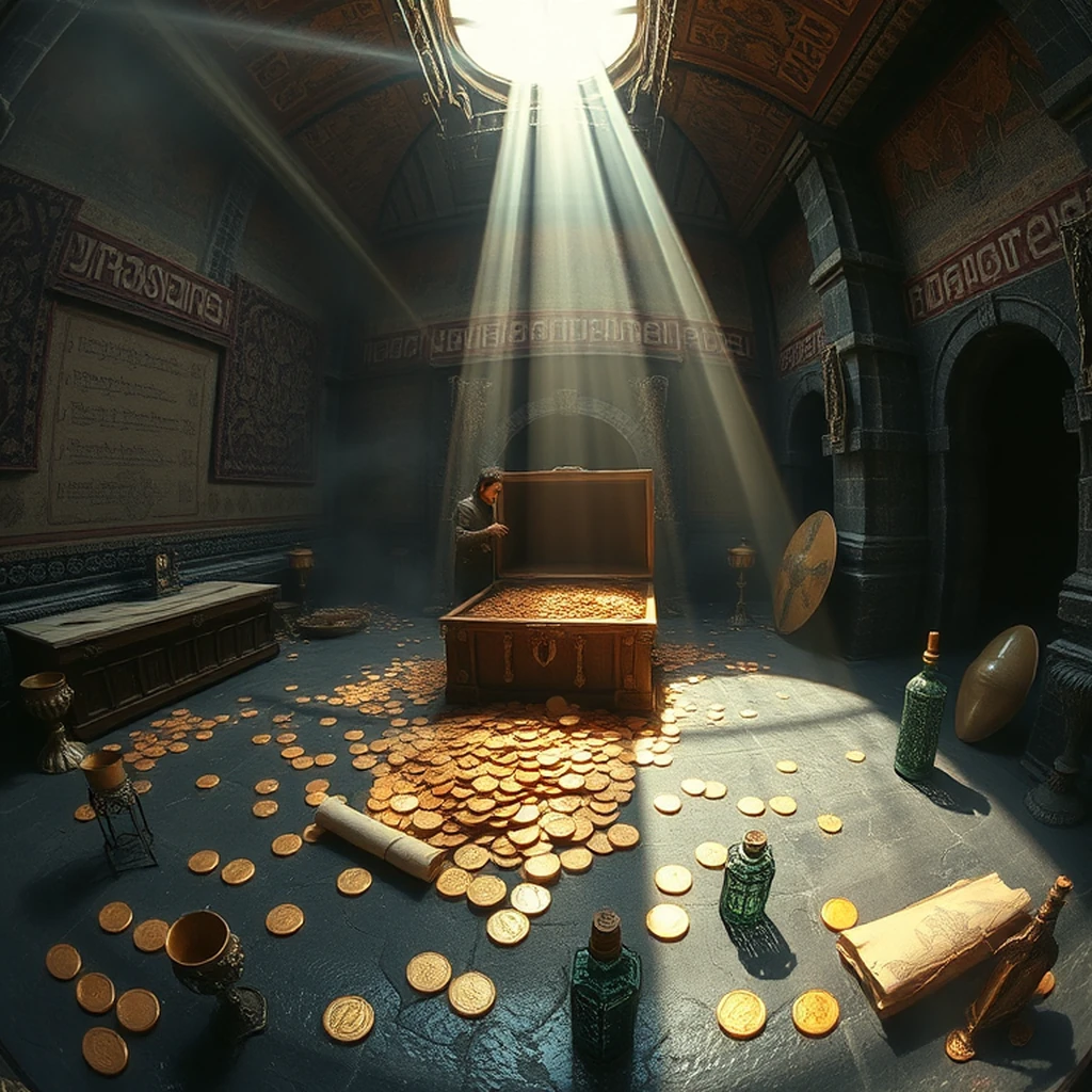 Image A of the puzzle: dragon's lair treasure chamber with hoards of gold coins