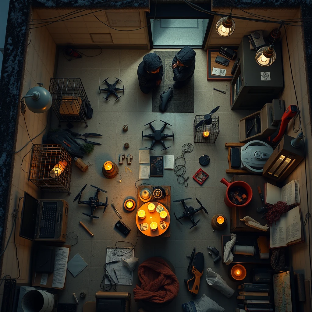 Image A of the puzzle: Drone falconer's rooftop coop with neural interfaces