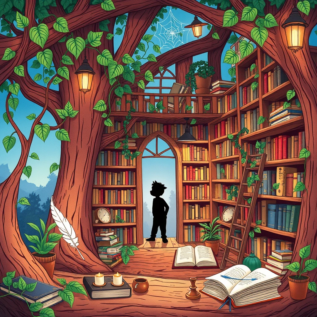 Image A of the puzzle: dryad's treehouse library filled with vines and book-lined shelves
