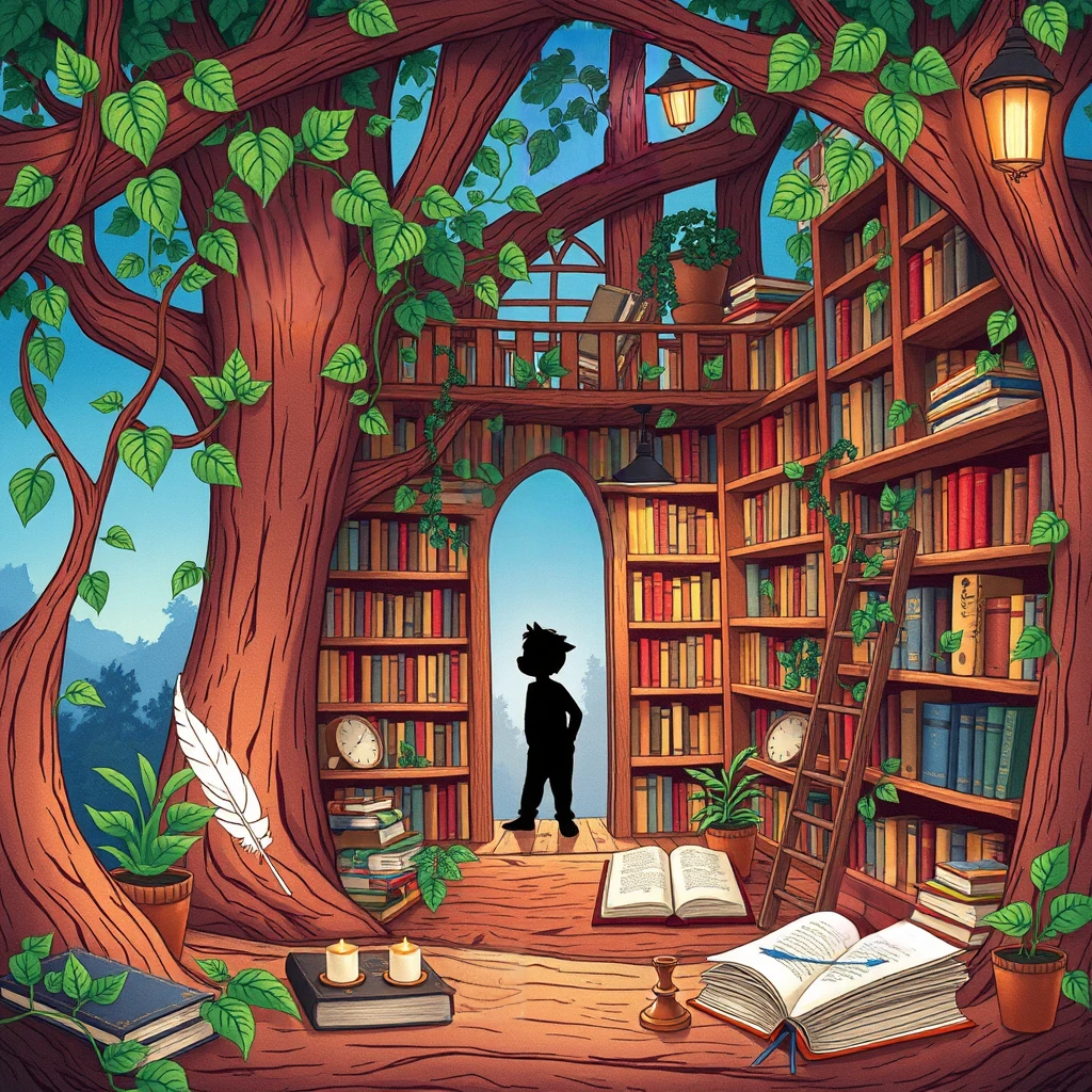Image B of the puzzle: dryad's treehouse library filled with vines and book-lined shelves