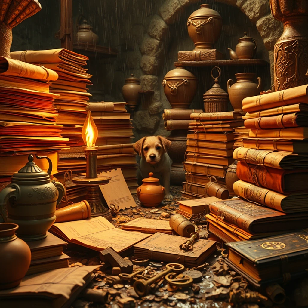 Image A of the puzzle: dungeon treasure room filled with old scrolls and trinkets