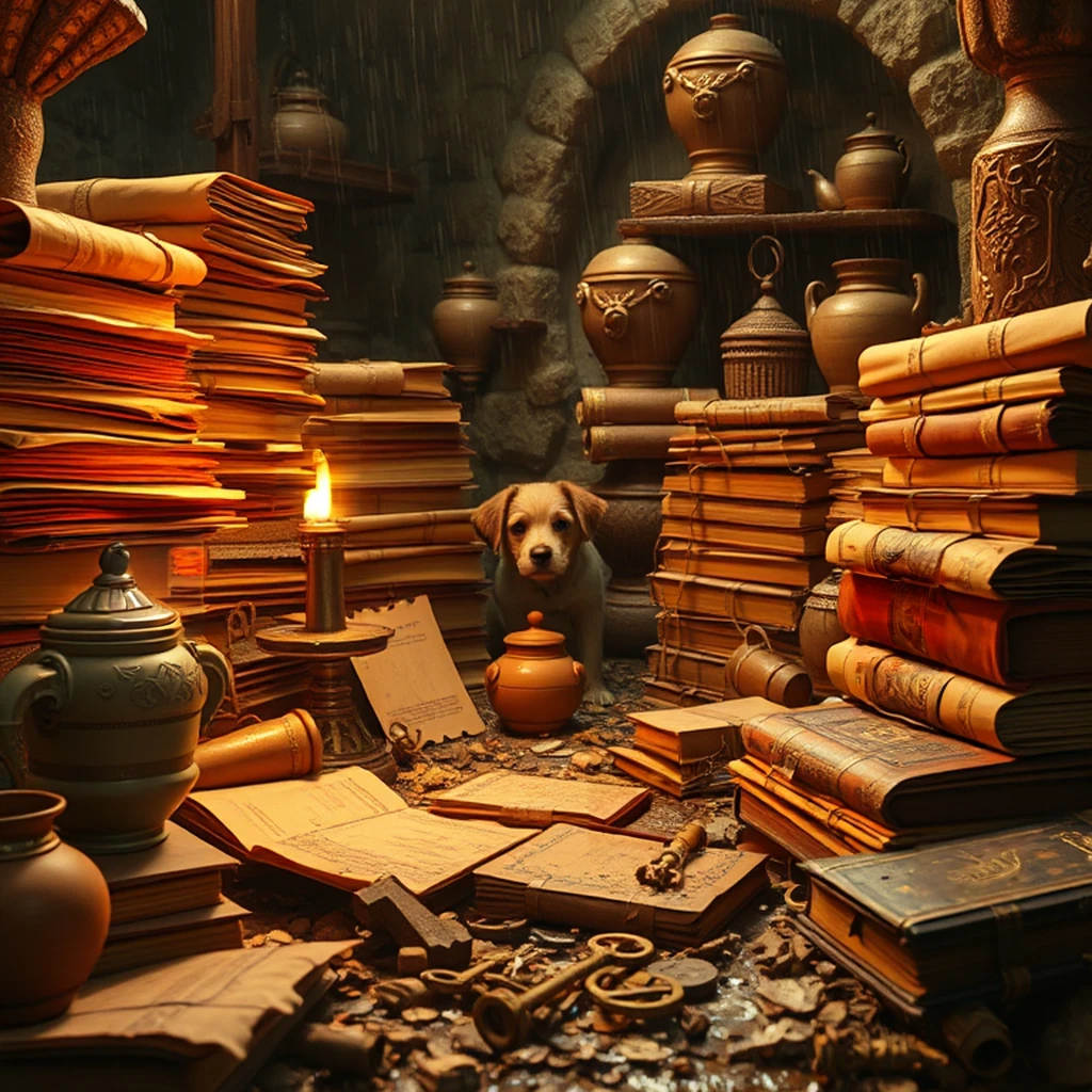 Image B of the puzzle: dungeon treasure room filled with old scrolls and trinkets
