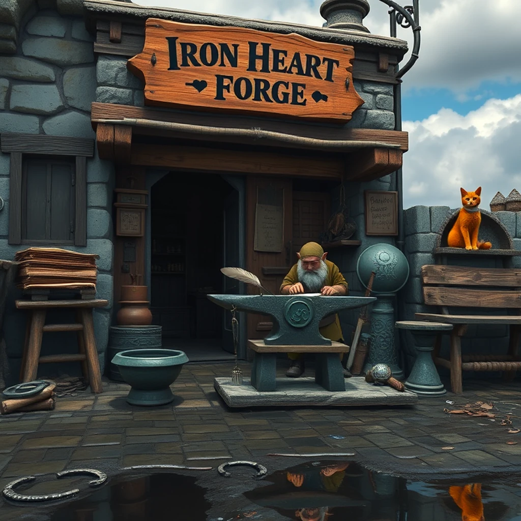dwarf blacksmith hammering anvil in front of shop