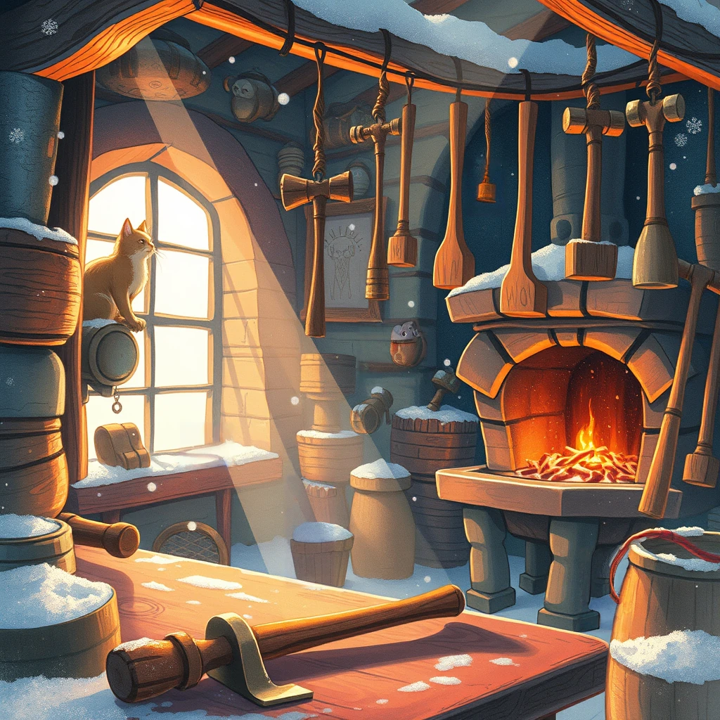 Image B of the puzzle: dwarven blacksmith forge with molten metal rivers and enchanted hammers