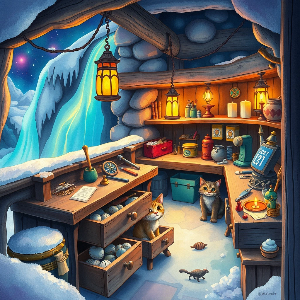 Image A of the puzzle: dwarven blacksmith workshop under a waterfall with molten gold rivers