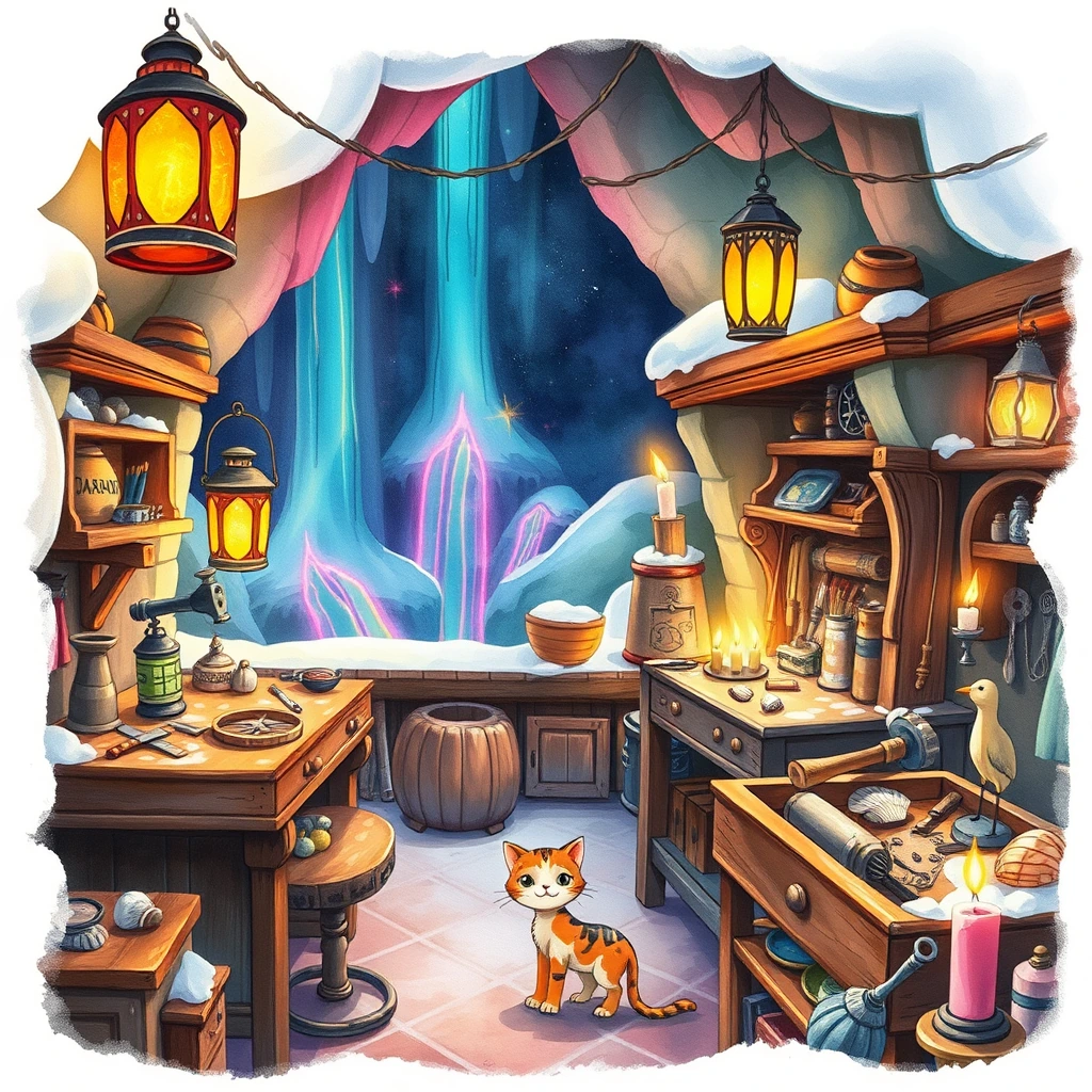 Image A of the puzzle: dwarven blacksmith workshop under a waterfall with molten gold rivers