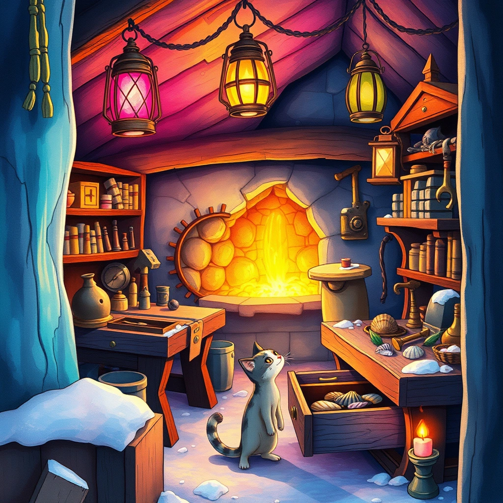 Image A of the puzzle: dwarven blacksmith workshop under a waterfall with molten gold rivers