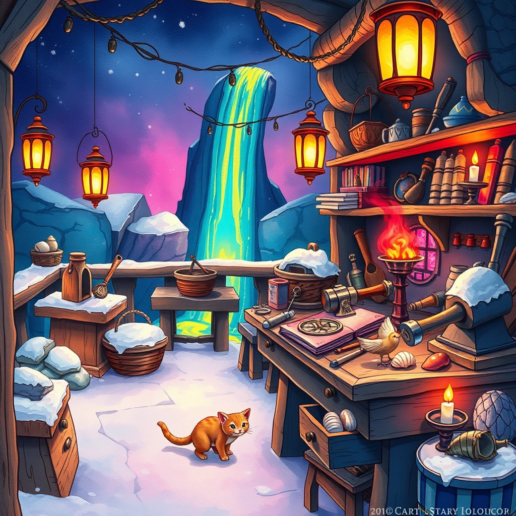 Image A of the puzzle: dwarven blacksmith workshop under a waterfall with molten gold rivers