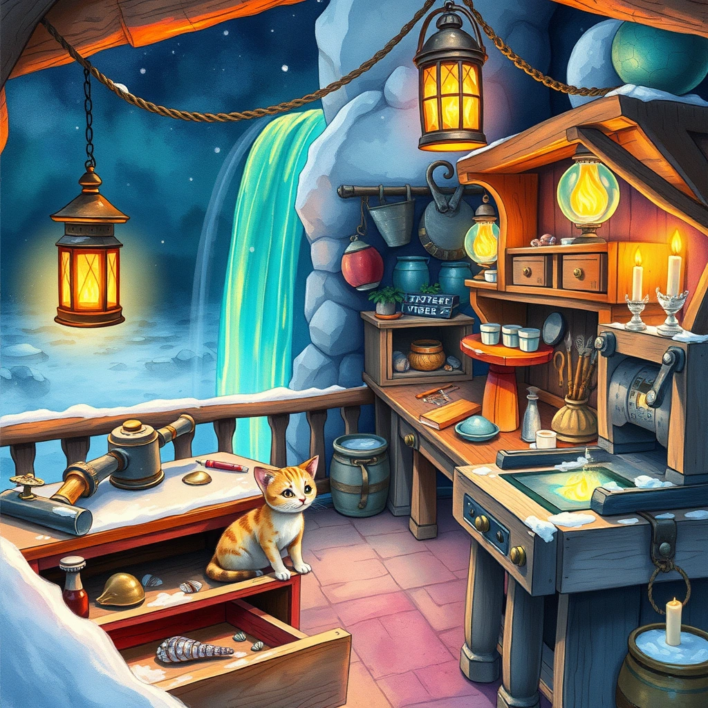 Image A of the puzzle: dwarven blacksmith workshop under a waterfall with molten gold rivers