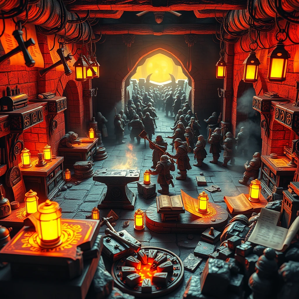 dwarven forge illuminated by molten lava rivers and enchanted hammers cover