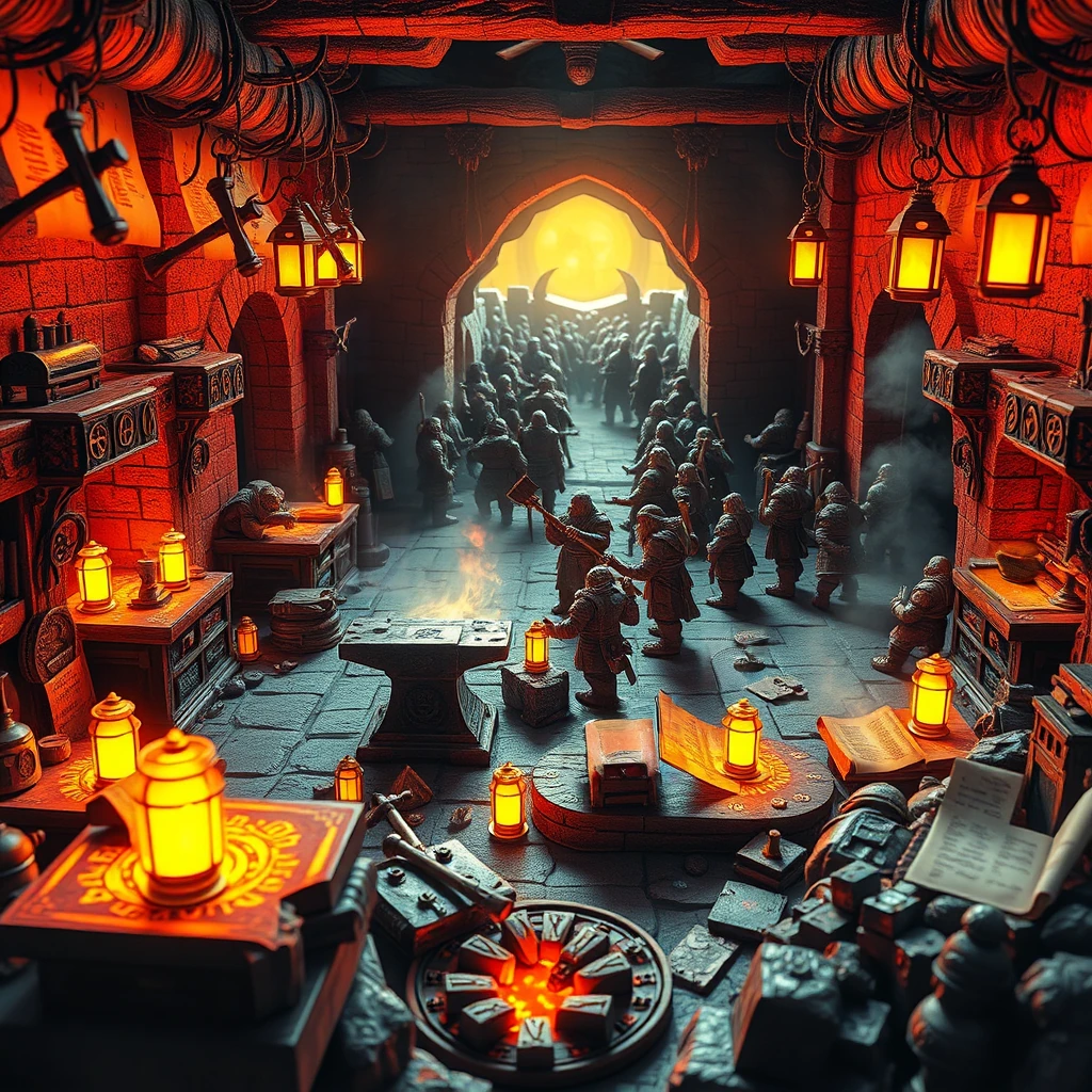 Image B of the puzzle: dwarven forge illuminated by molten lava rivers and enchanted hammers