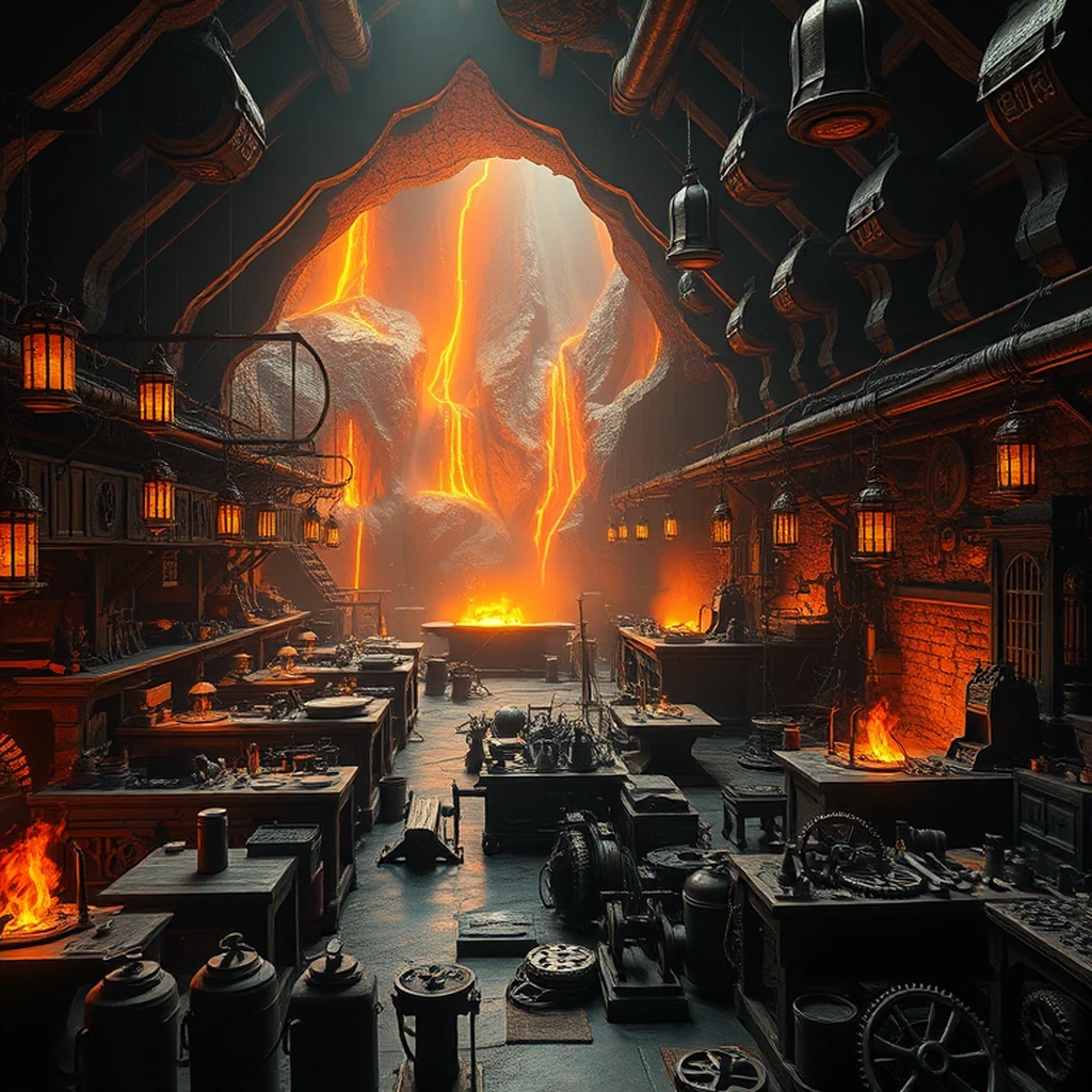 Image A of the puzzle: Dwarven forge inside an active volcano with molten rivers and rune anvils