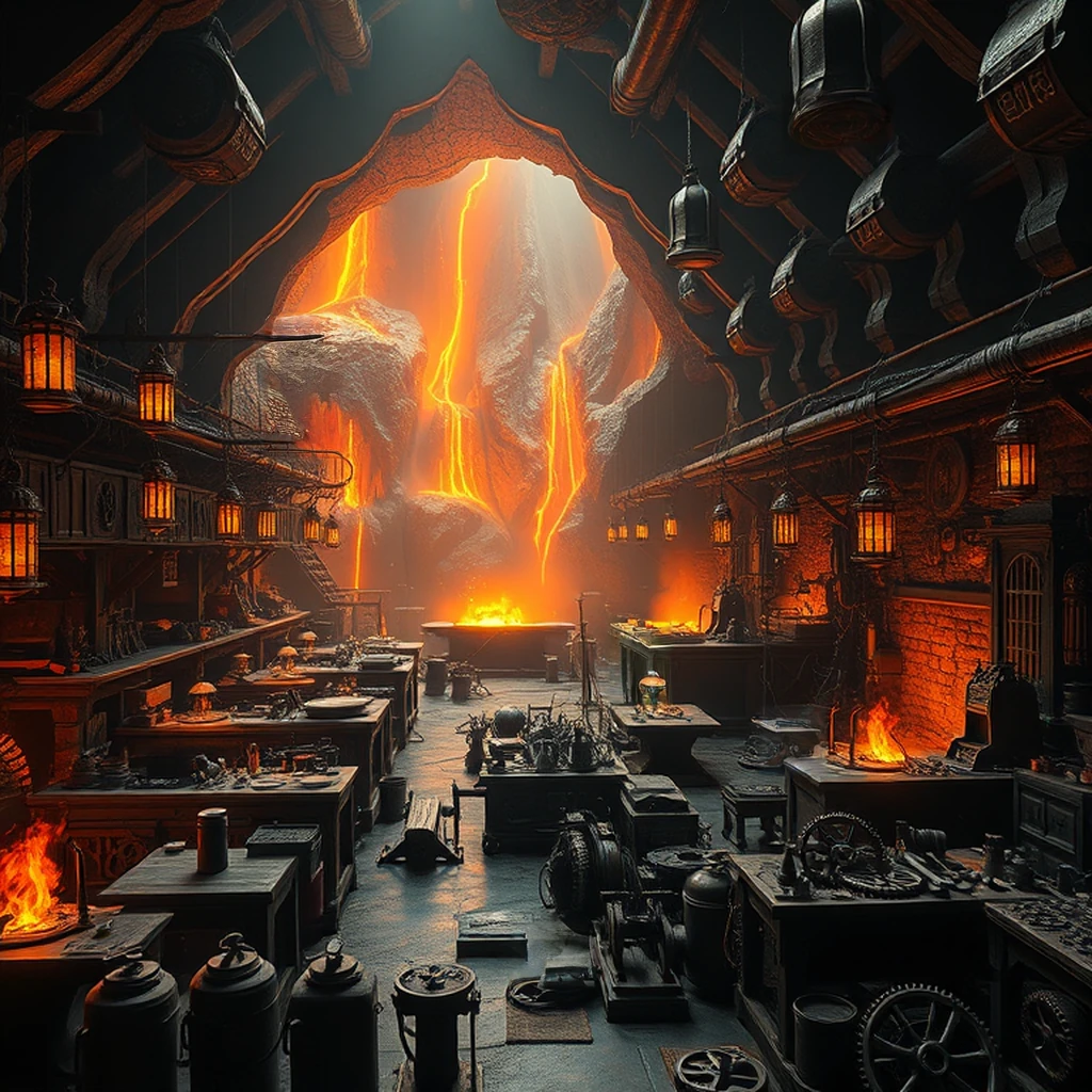 Image B of the puzzle: Dwarven forge inside an active volcano with molten rivers and rune anvils