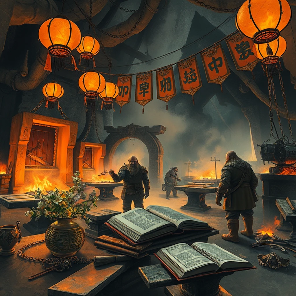 Image B of the puzzle: Dwarven forge inside an active volcano with molten rivers and rune anvils