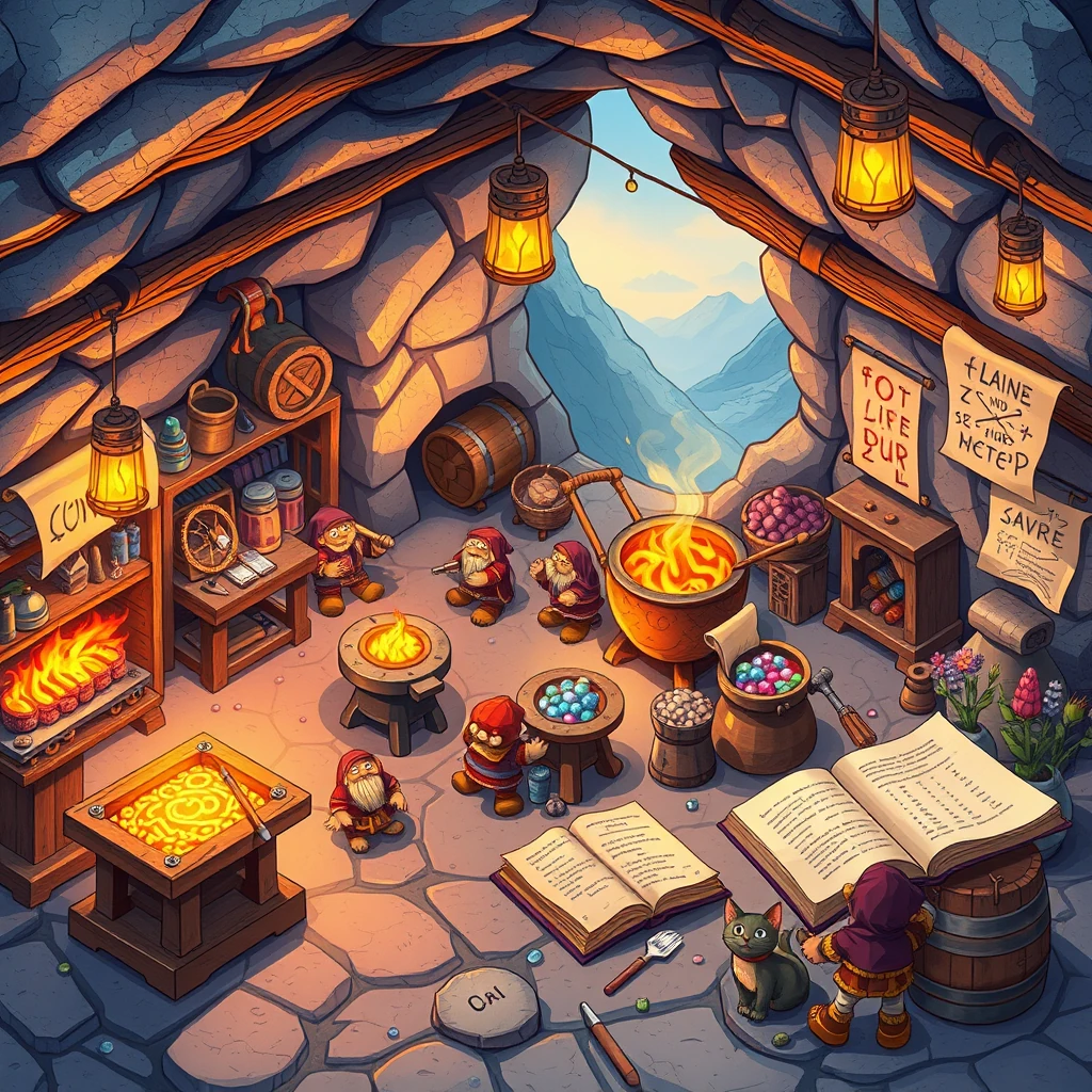 Image A of the puzzle: dwarven forge workshop under mountains with molten lava rivers shining bright