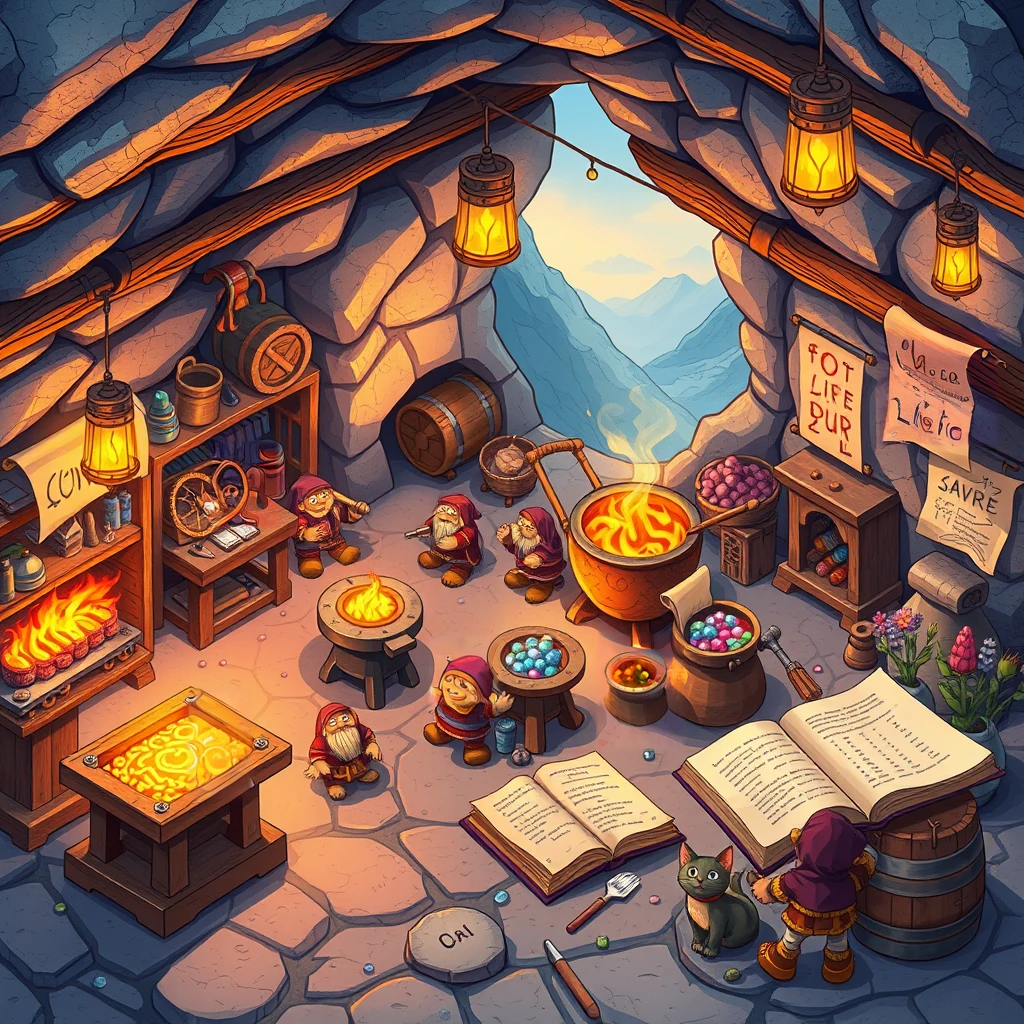 Image B of the puzzle: dwarven forge workshop under mountains with molten lava rivers shining bright