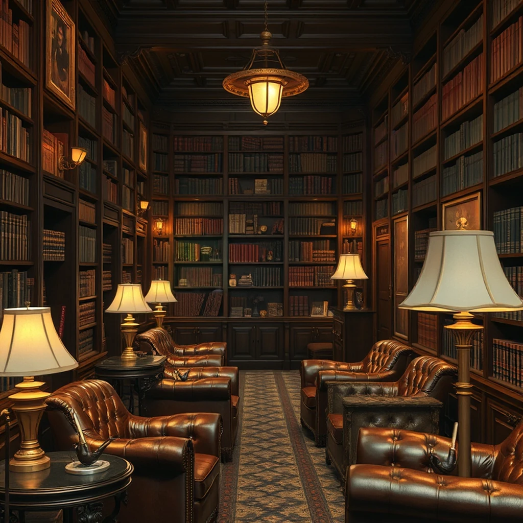 Image A of the puzzle: Edwardian gentleman's club library with leather chairs and ticker tape machines