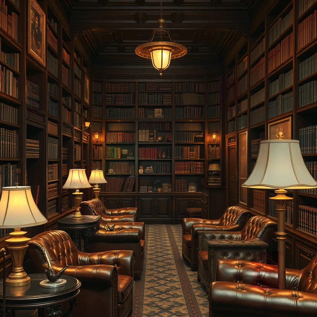 Image B of the puzzle: Edwardian gentleman's club library with leather chairs and ticker tape machines