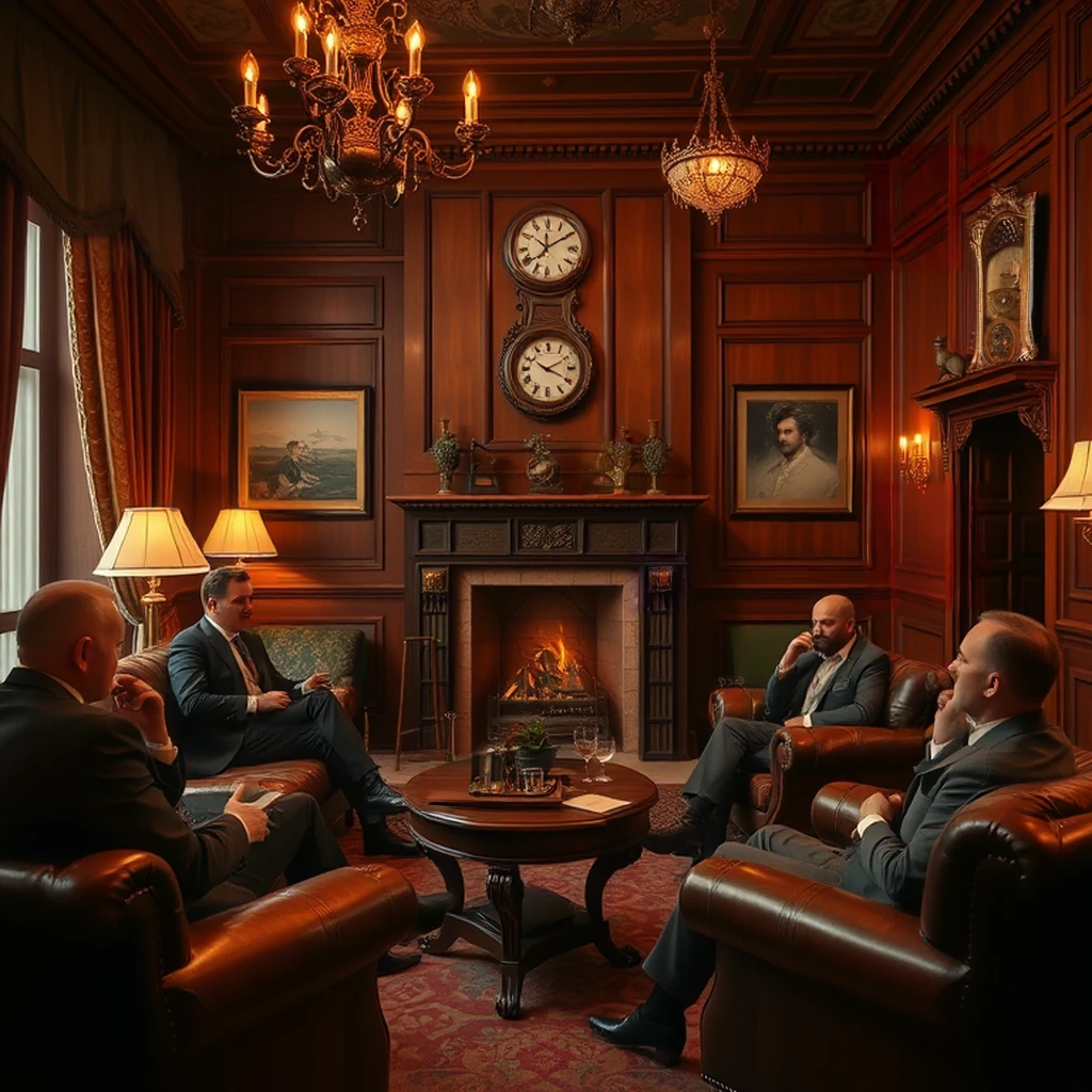 Image B of the puzzle: Edwardian gentlemen's smoking parlor with leather chesterfield sofas