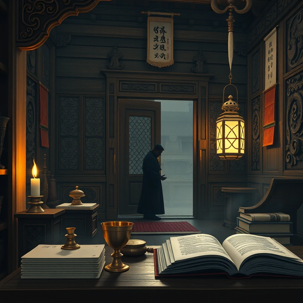 Image A of the puzzle: elf council hall chamber with intricate wood carvings