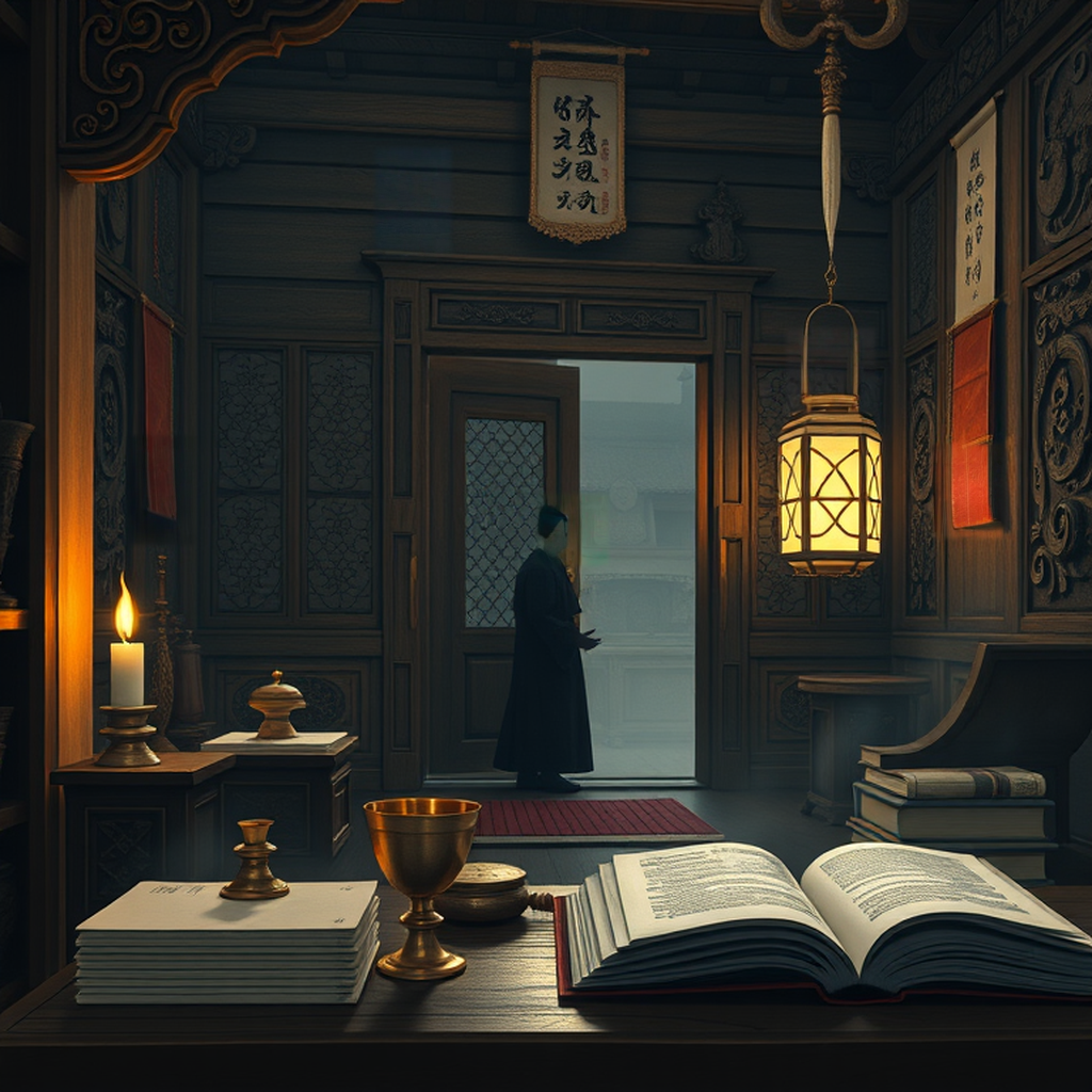 Image B of the puzzle: elf council hall chamber with intricate wood carvings
