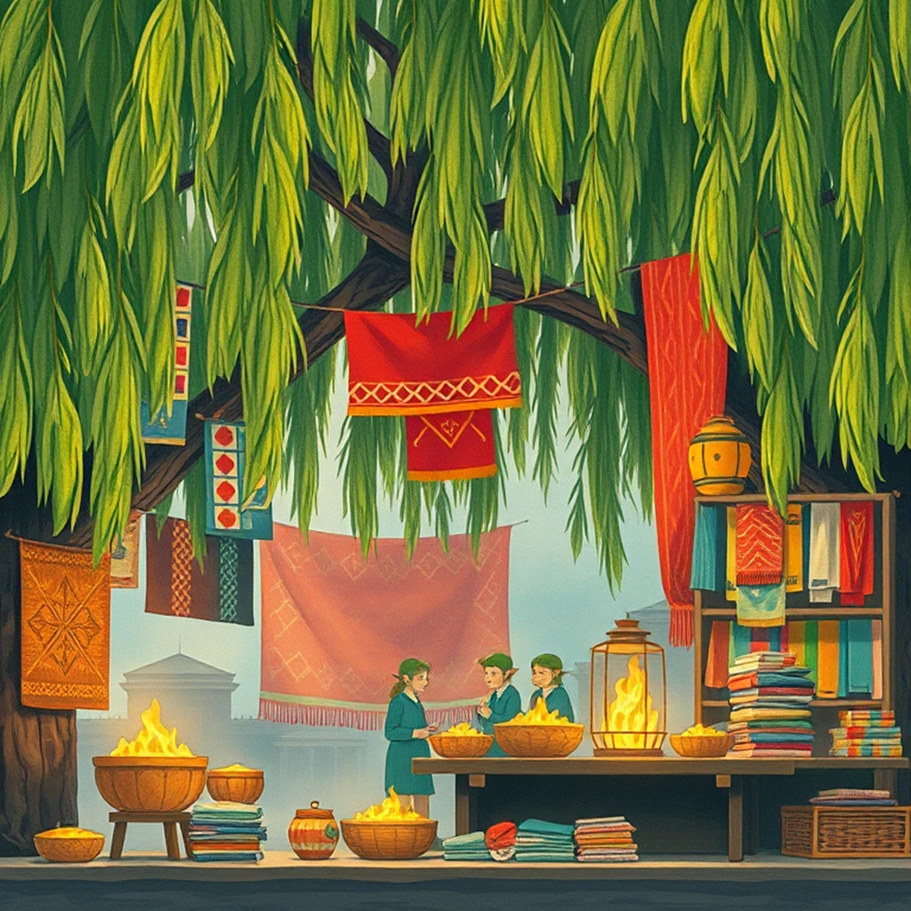 Image A of the puzzle: elf trading post under a willow tree with colorful fabrics