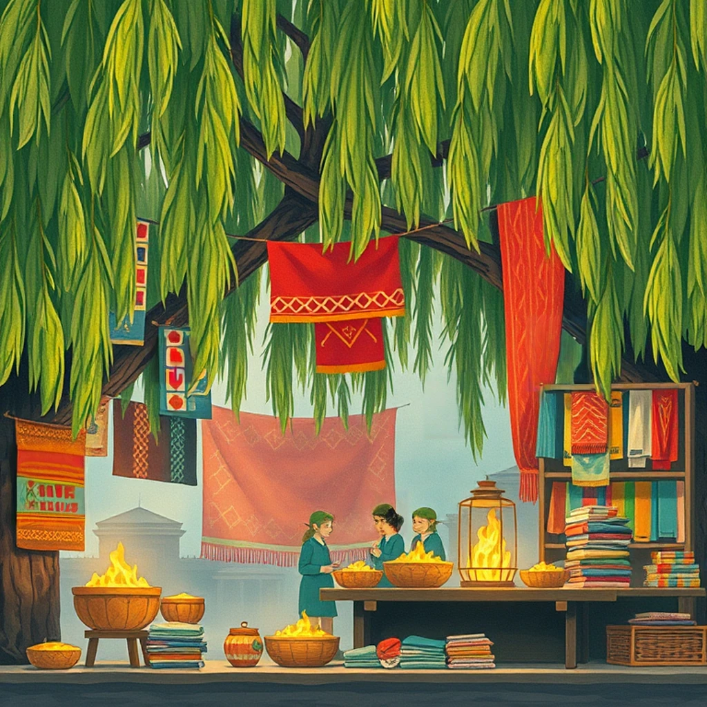Image B of the puzzle: elf trading post under a willow tree with colorful fabrics