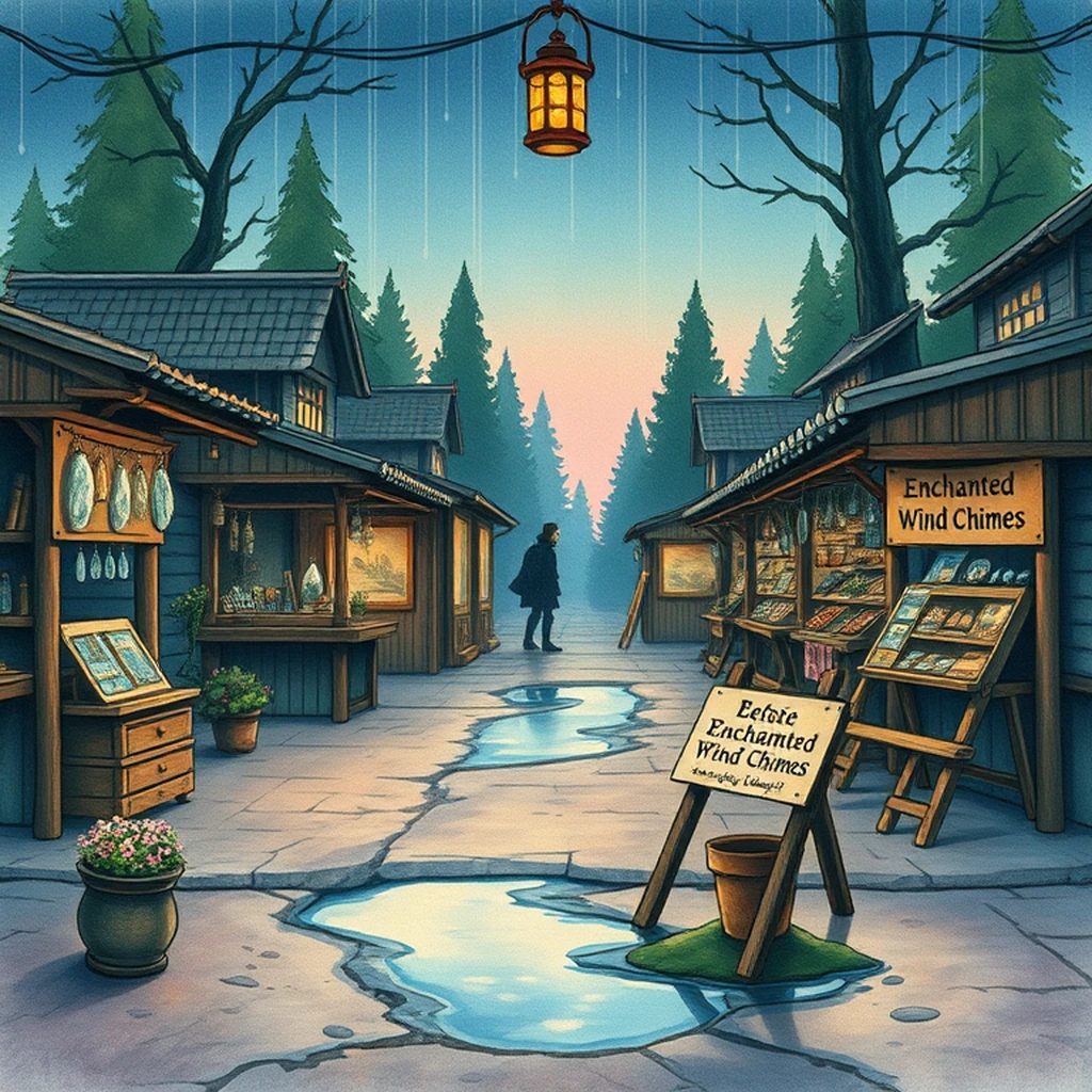 Image A of the puzzle: elf village square with wooden stalls selling enchanted trinkets