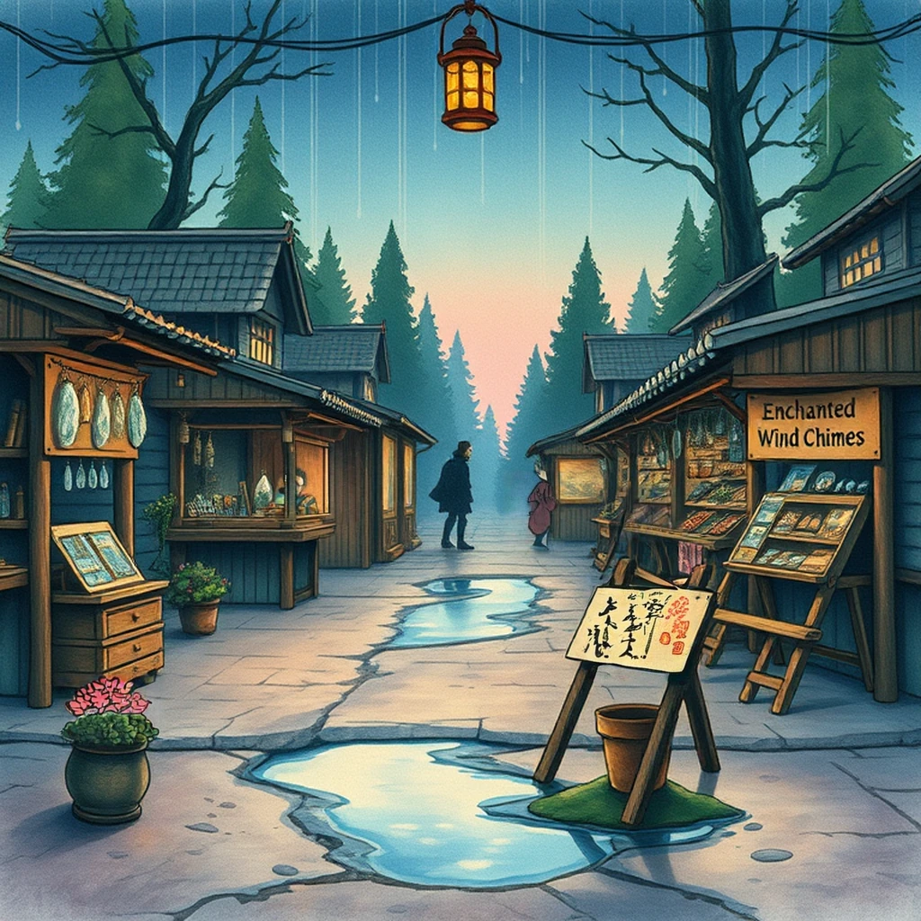 Image B of the puzzle: elf village square with wooden stalls selling enchanted trinkets