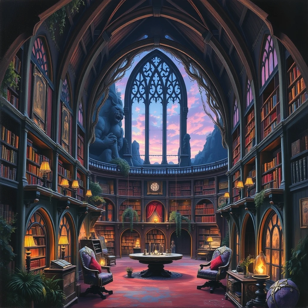Image A of the puzzle: elven library with floating tomes and golden engravings