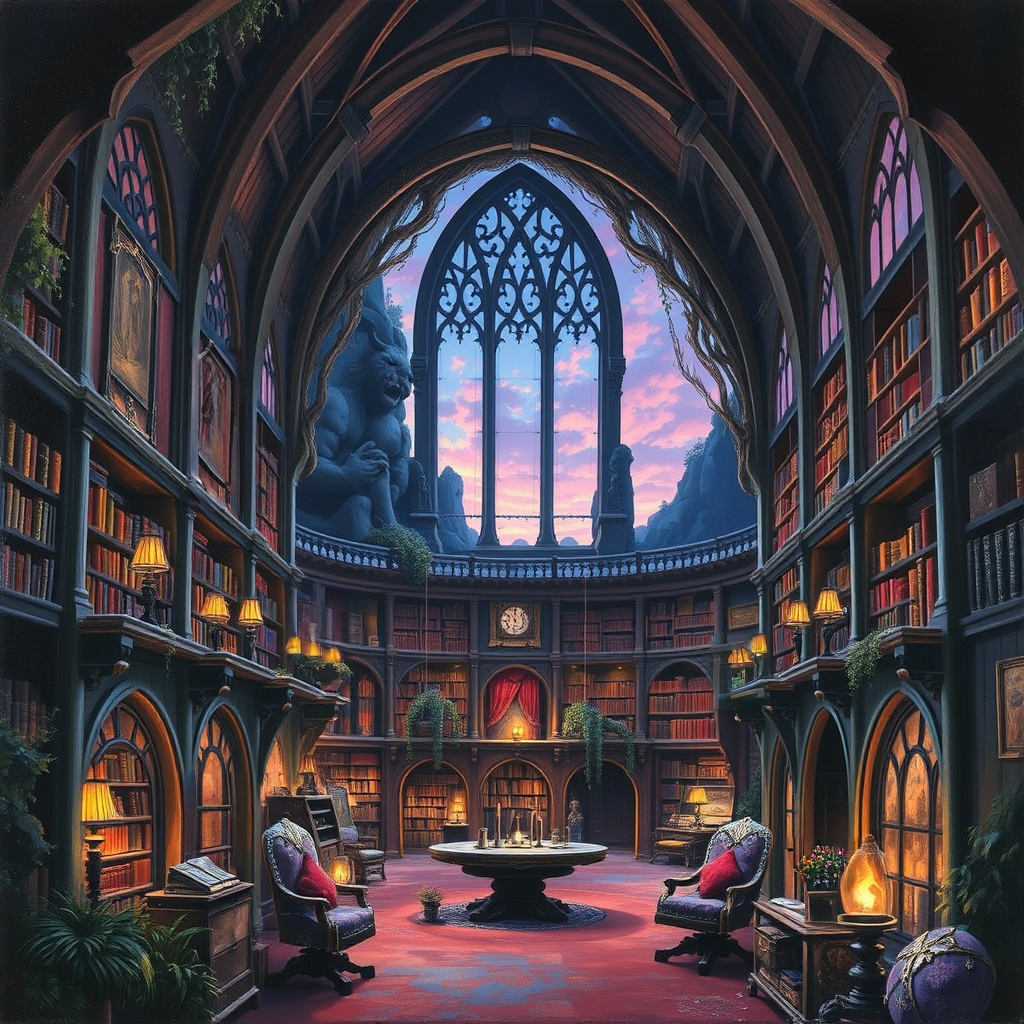Image B of the puzzle: elven library with floating tomes and golden engravings