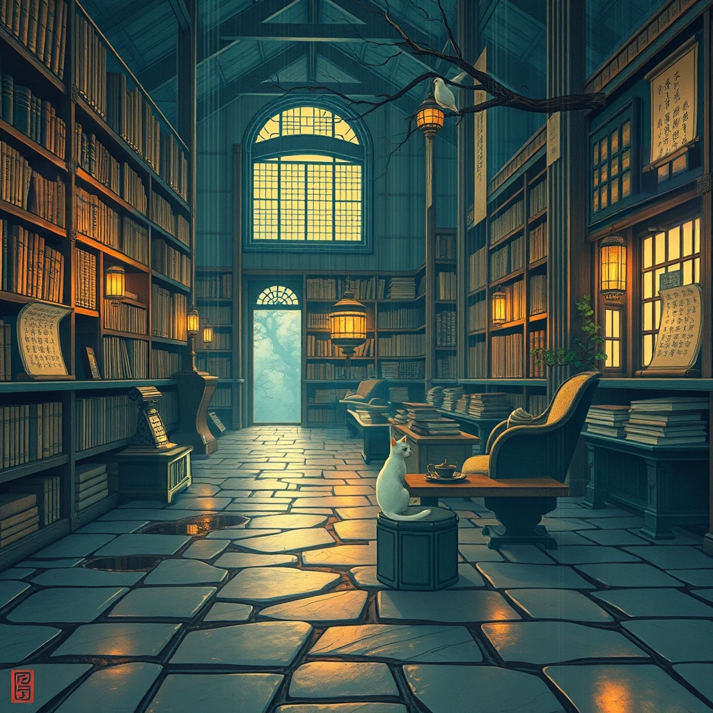 Image B of the puzzle: elven library with gold-leafed tomes floating mid-air