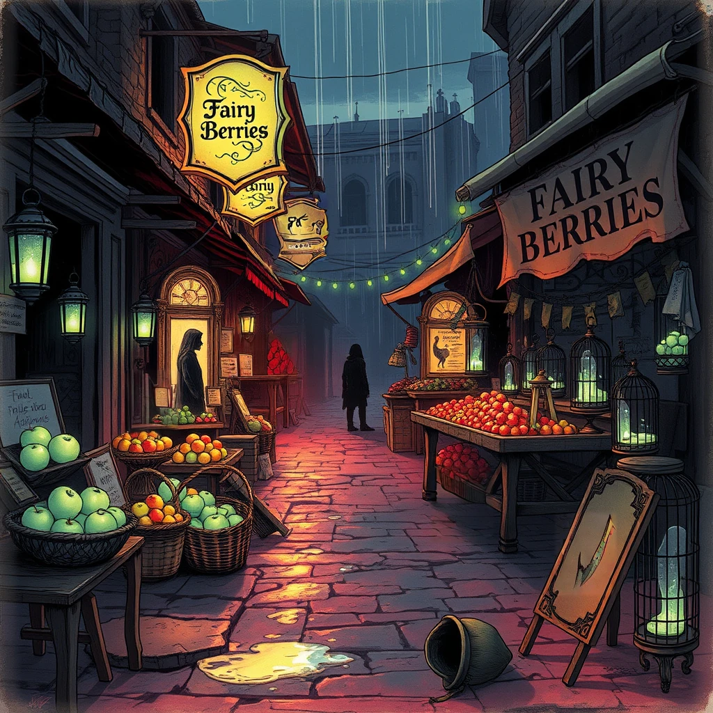 Image B of the puzzle: elven marketplace at dusk with stalls selling bioluminescent fruits