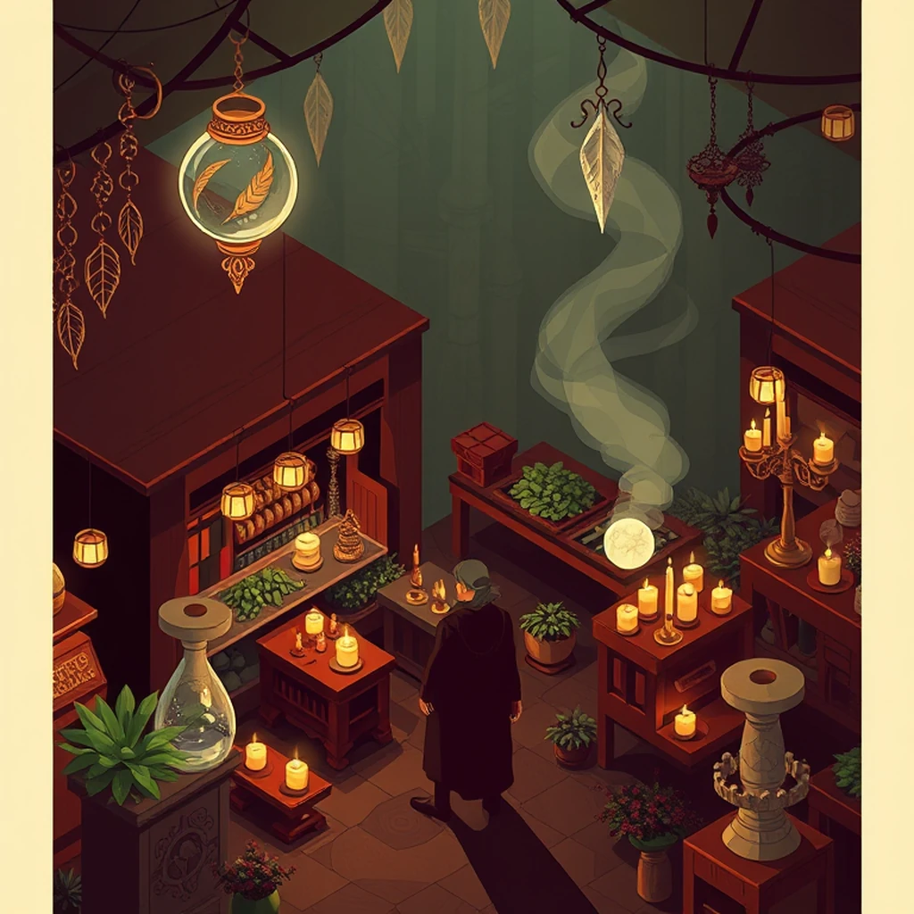 Image A of the puzzle: elven marketplace at dusk with stalls selling enchanted herbs