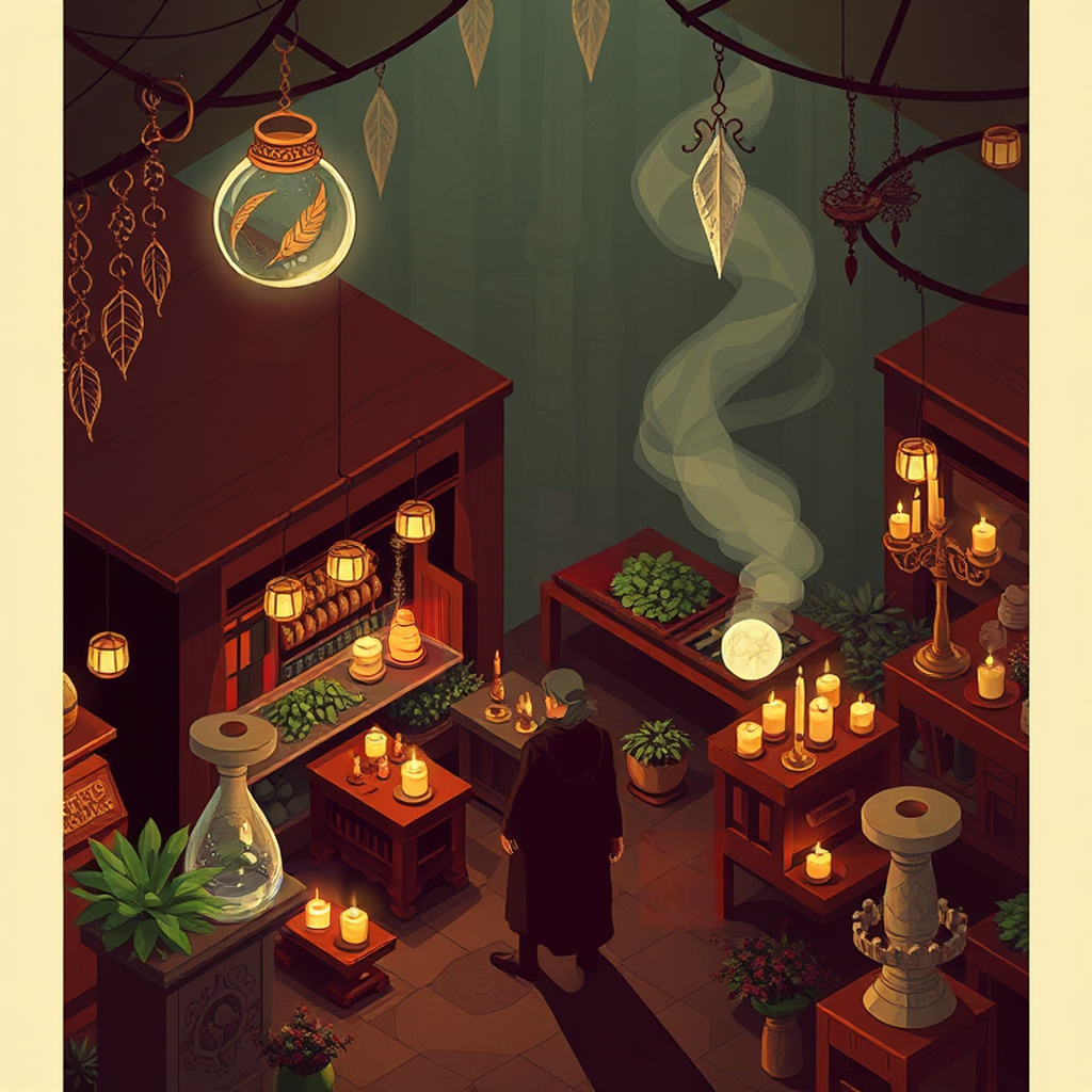 Image B of the puzzle: elven marketplace at dusk with stalls selling enchanted herbs