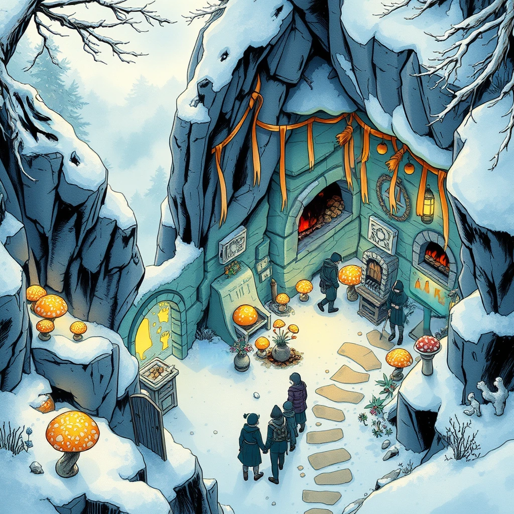 Image B of the puzzle: fairy grotto hidden in misty mountains with glowing mushrooms and silk ribbons