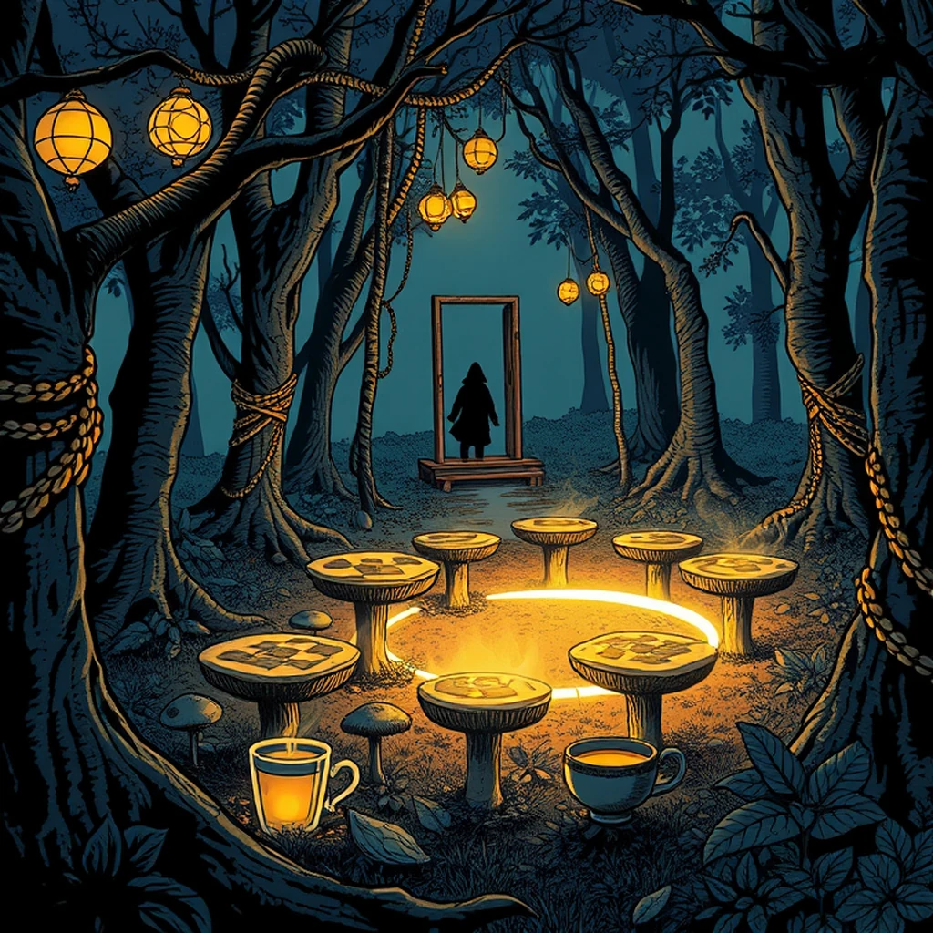 Image A of the puzzle: fairy ring ceremony around a glowing mushroom circle