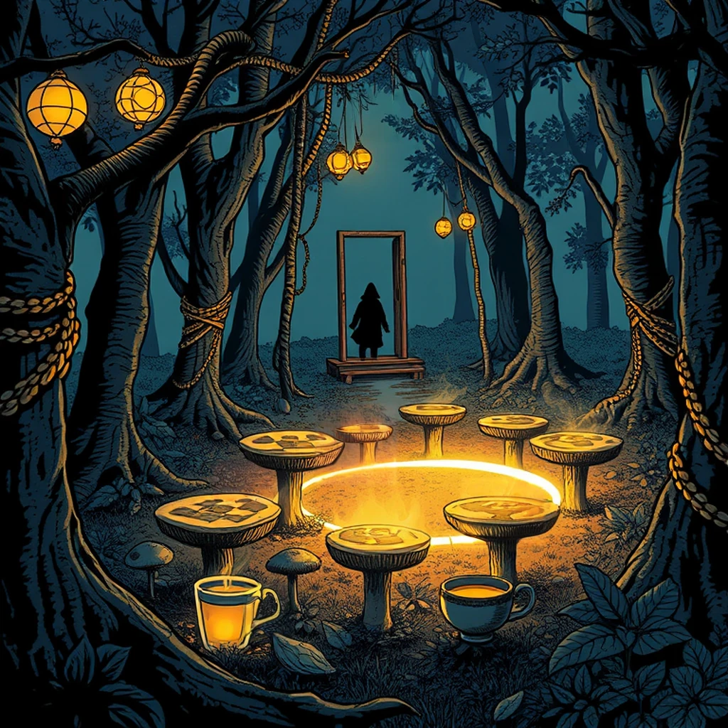 Image B of the puzzle: fairy ring ceremony around a glowing mushroom circle
