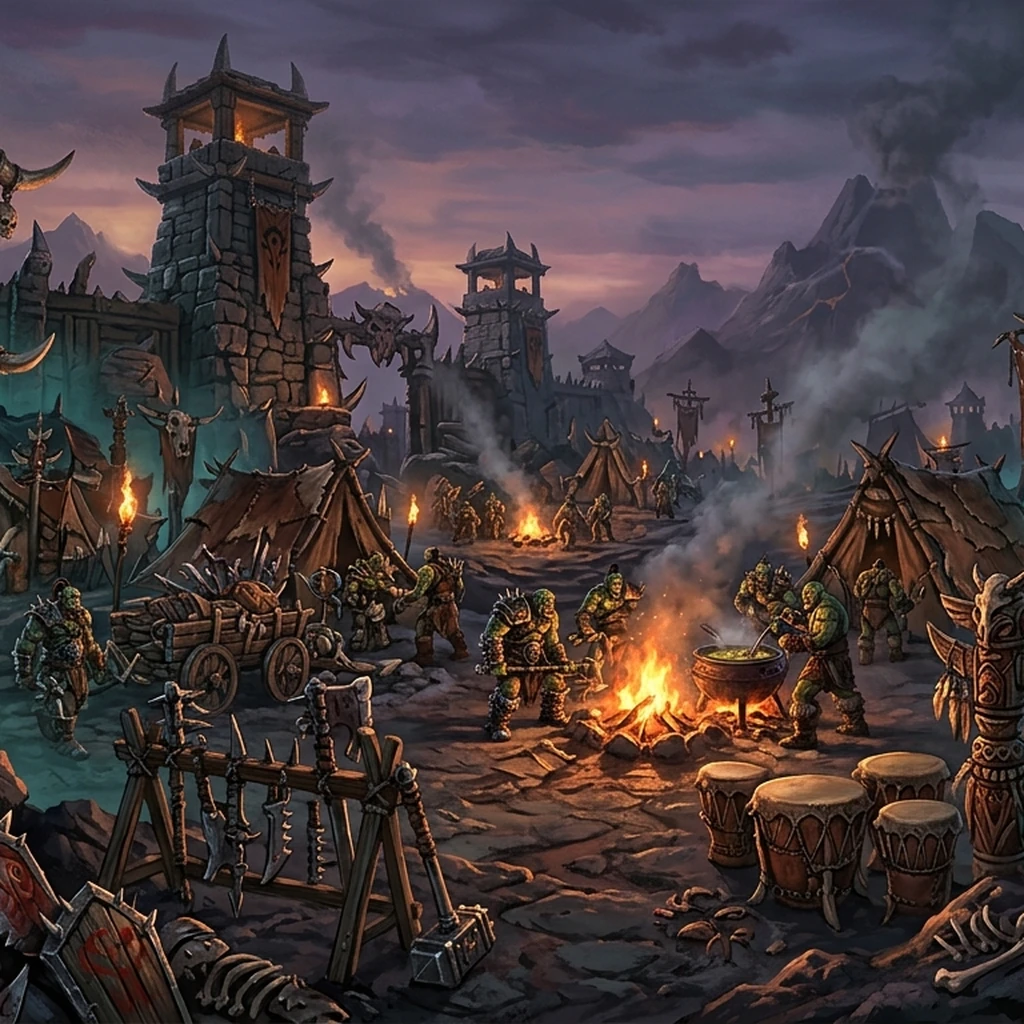 Image A of the puzzle: fearsome orcish warband encampment combining Orgrimmar and Mordor with bonfires bone banners and tribal totems