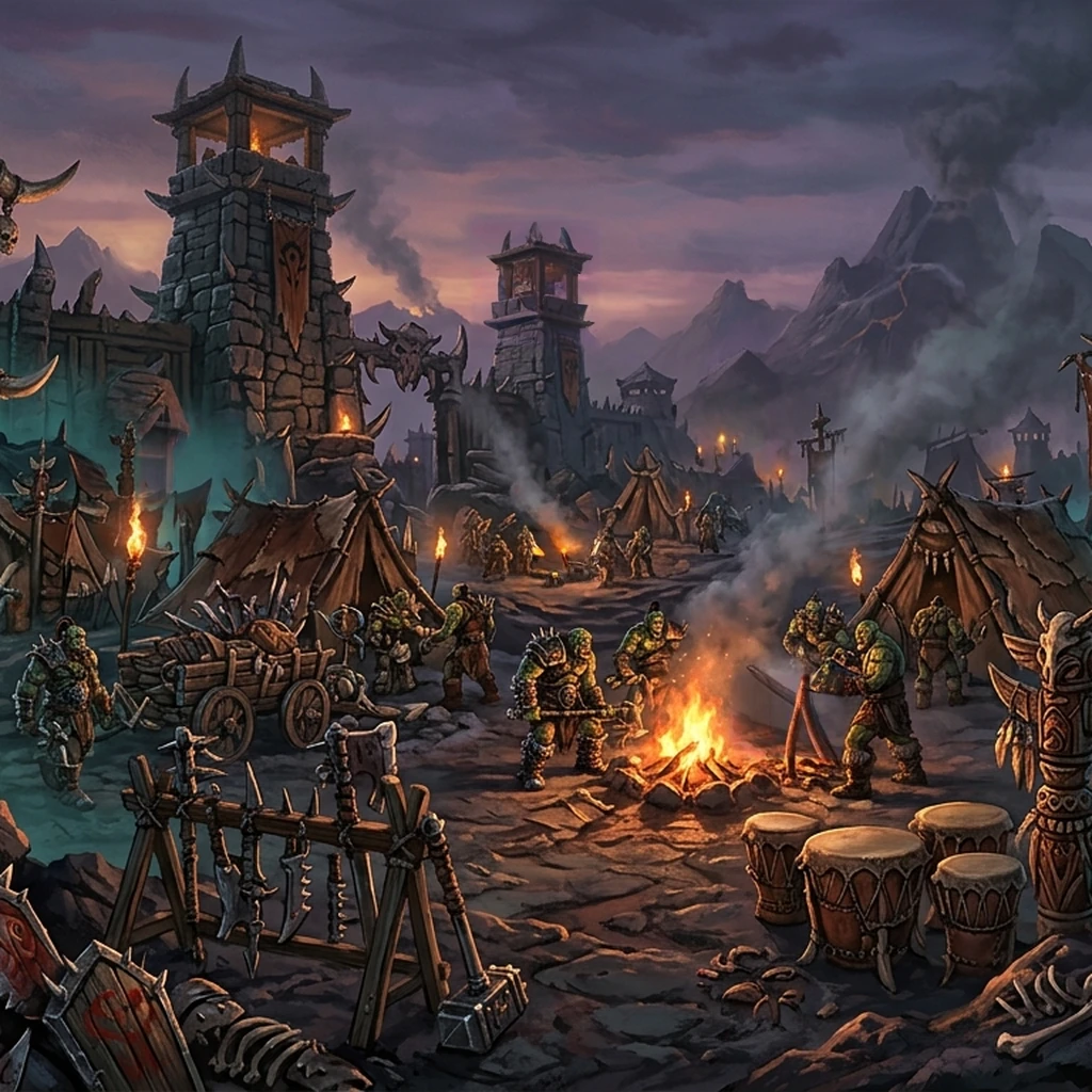 Image B of the puzzle: fearsome orcish warband encampment combining Orgrimmar and Mordor with bonfires bone banners and tribal totems