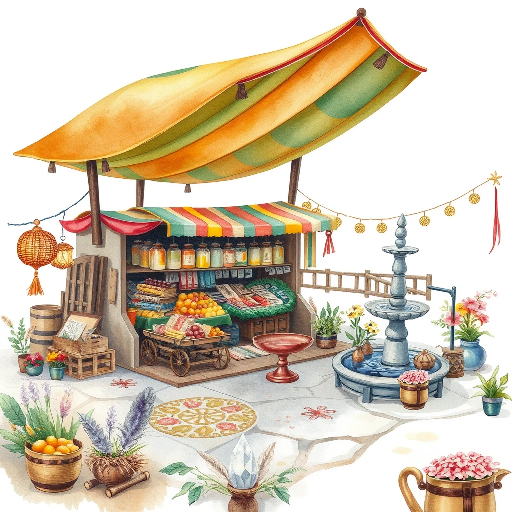 Image A of the puzzle: floating island marketplace in the clouds with rainbow bridges