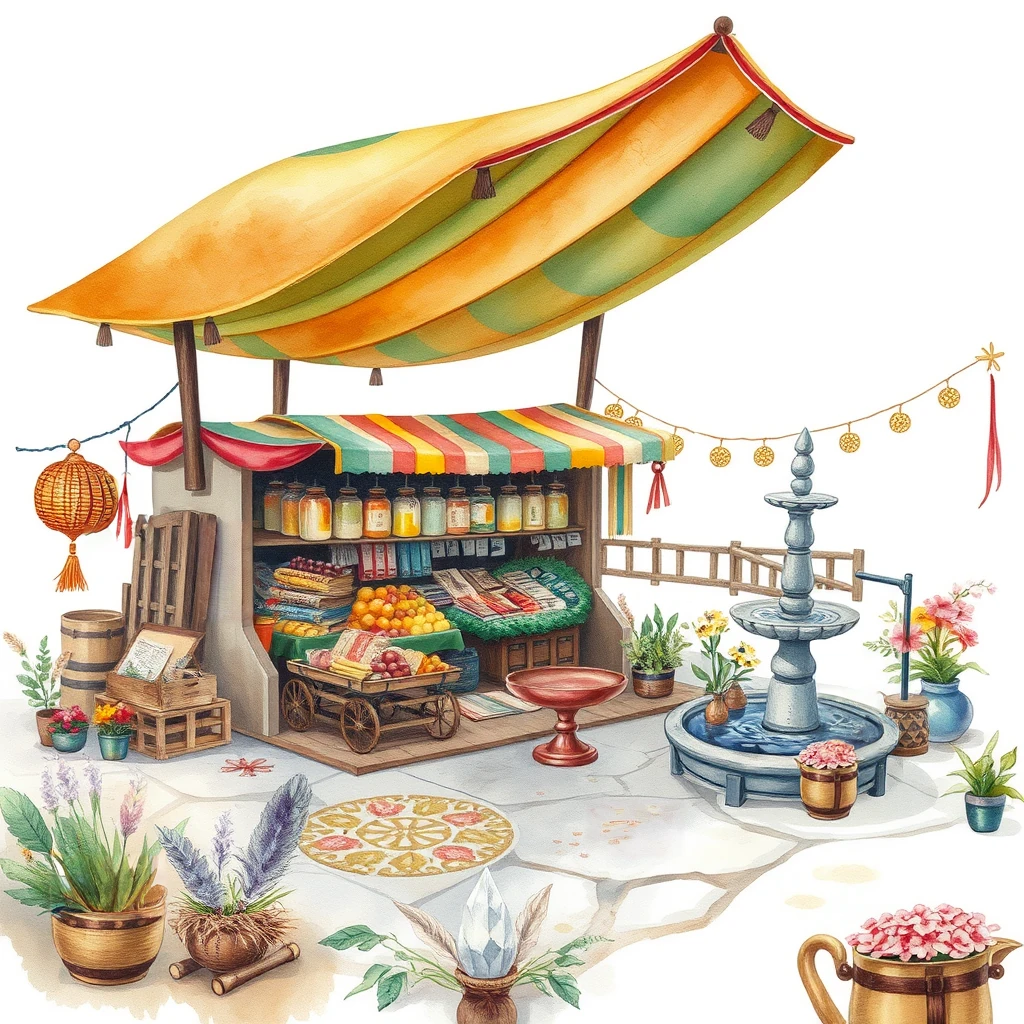 Image B of the puzzle: floating island marketplace in the clouds with rainbow bridges